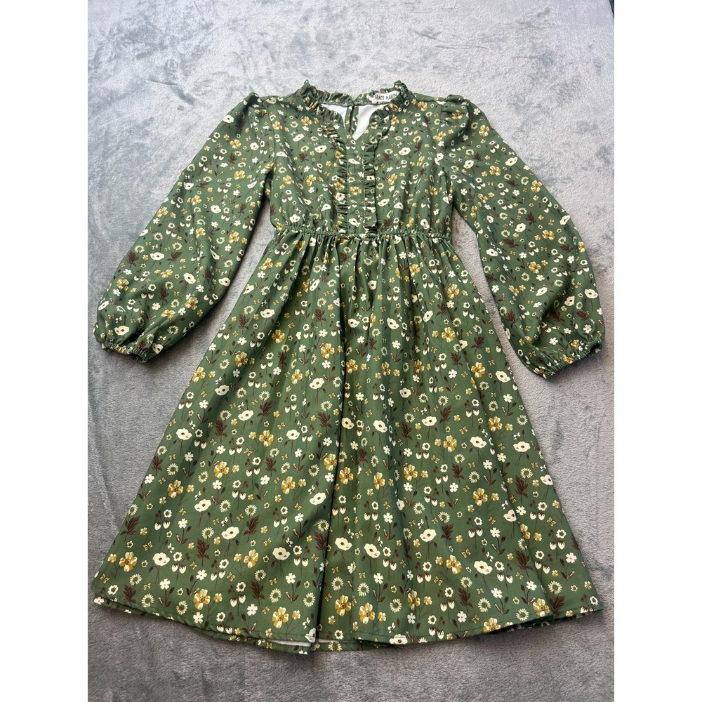 Grace Karin Girls Floral Ruffle Long Sleeve Dress Green Cottagecore 10Y